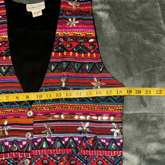 Vintage Fashion Passport Vest Women’s Medium Multi Aztec Pockets Embellished 80s - Picture 5 of 8